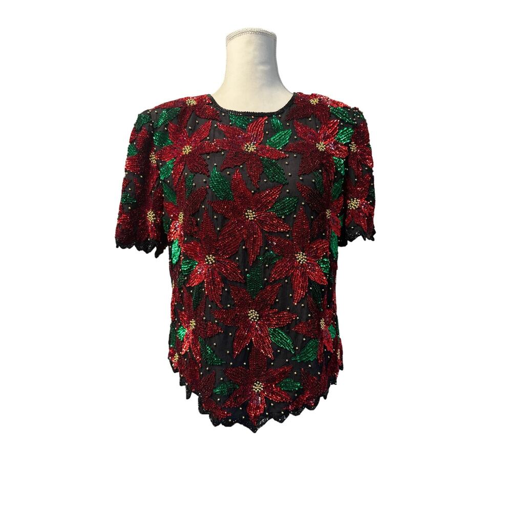Scala Christmas Poinsettia Beaded Sequin Silk Black Red Top Vtg 80s Size s